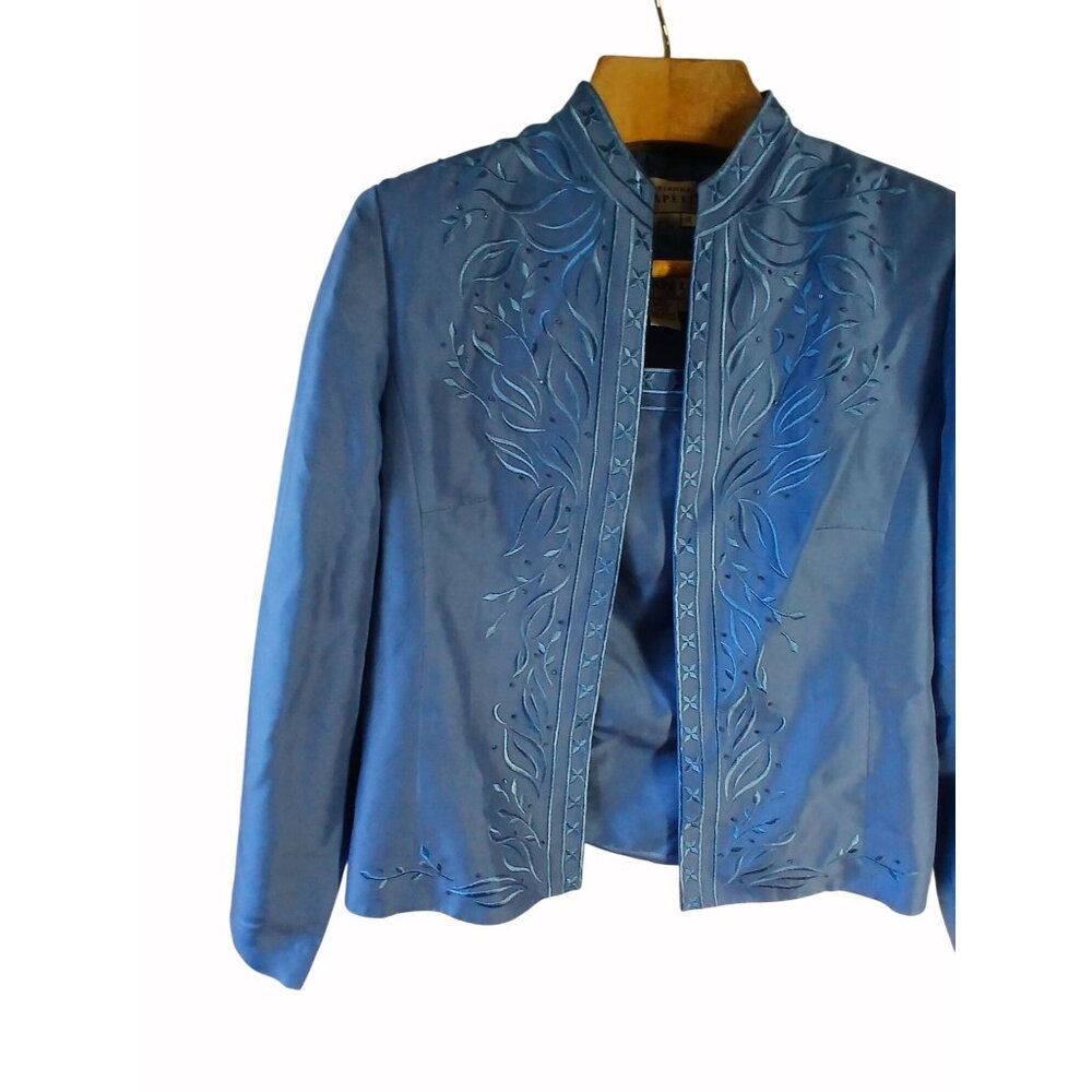Adrianna Papell Blue Embroidered Silk Jacket Shell Size 12 Womens Embroidered - Picture 3 of 16